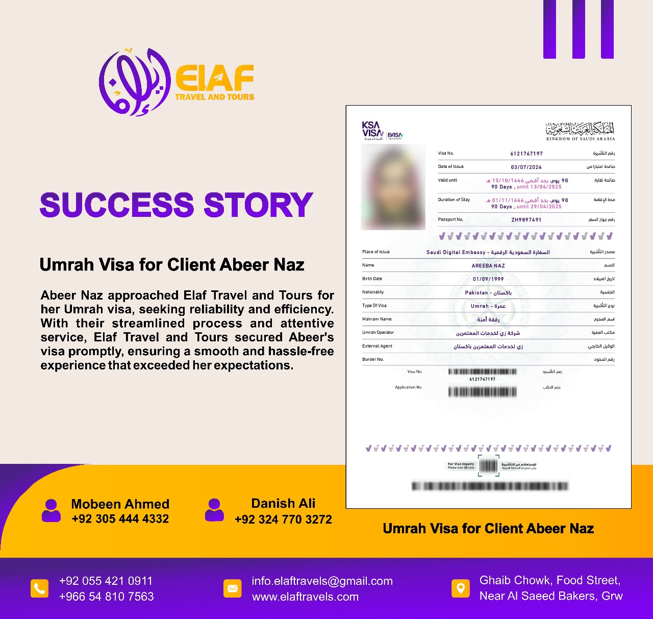 Abeer Naz's Umrah journey experience with Elaf Travels